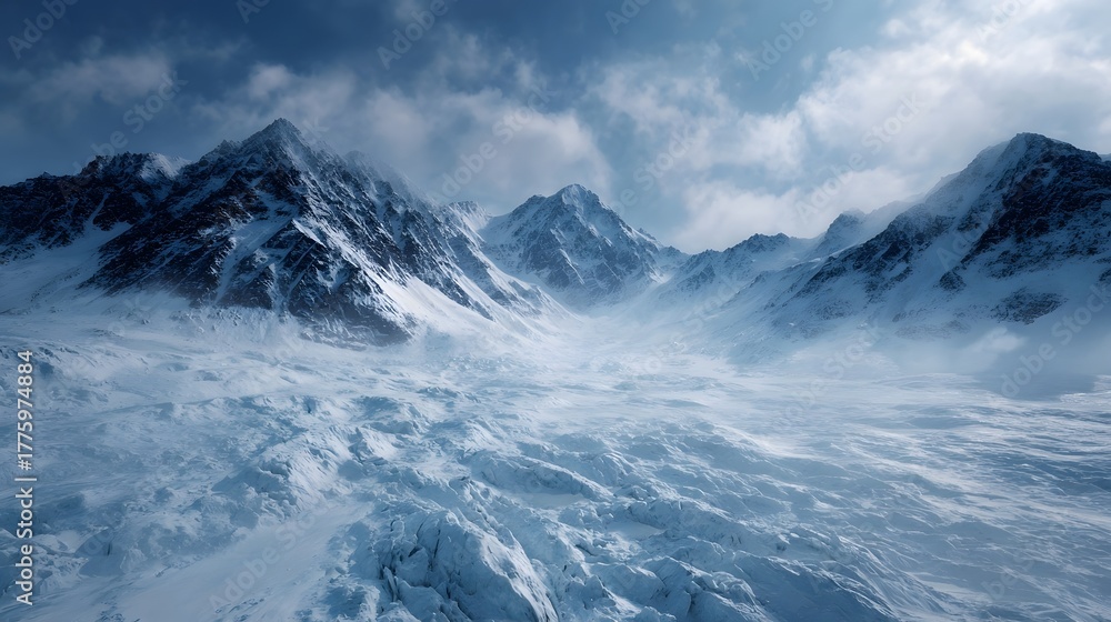 Obraz premium Majestic frozen mountain landscape with vast snowy peaks under a dramatic cloudy sky