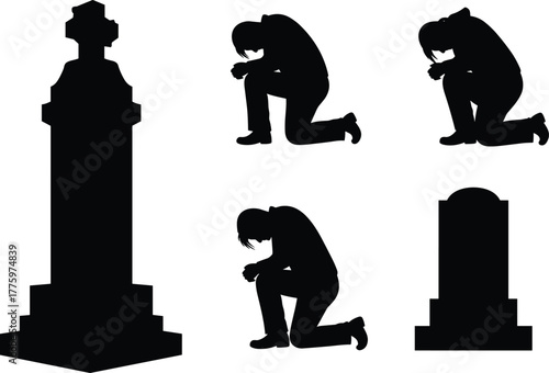 Silhouette of a grieving person kneeling beside gravestones, symbolizing loss, sorrow, remembrance, death, funeral, mourning, grief, and emotional farewell.