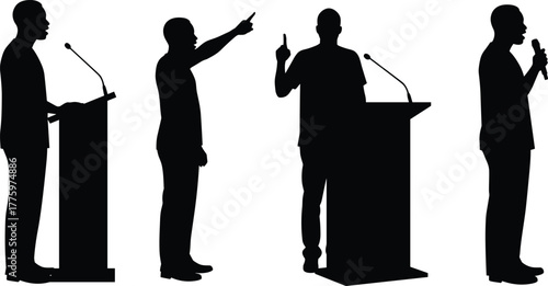 Silhouette of a man giving a speech at podium, public speaking, leadership presentation, political address, motivation, conference communication, and seminar discussion.