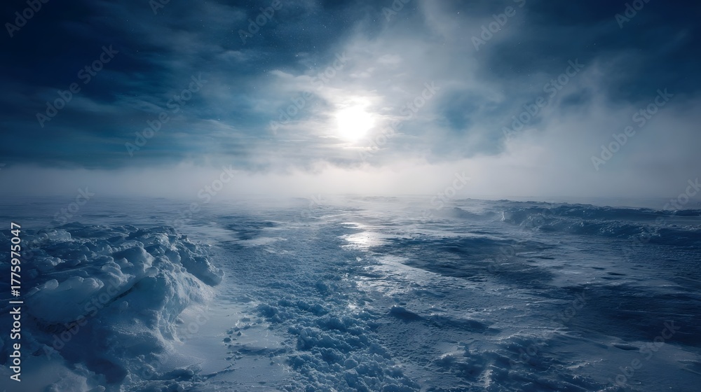Fototapeta premium A desolate icy landscape under a cloudy misty sky with the sun shining through suggesting extreme winter conditions