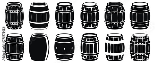 Wooden barrel icons featuring whiskey, wine, and beer casks, ideal for packaging design, beverage branding, product labels, digital graphics, marketing materials, and rustic decor projects.