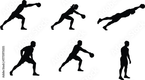 Silhouette of athletes exercising with medicine balls, strength training, fitness workout, crossfit routine, body conditioning, sports performance, endurance, and athletic health concept.
