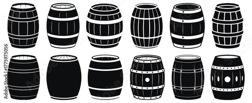 Wooden barrel icons featuring whiskey, wine, and beer casks, ideal for packaging design, beverage branding, product labels, digital graphics, marketing materials, and rustic decor projects.