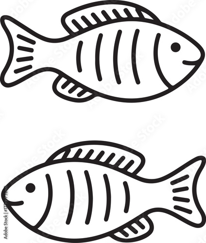 Two simple hand drawn outline fish facing opposite directions isolated