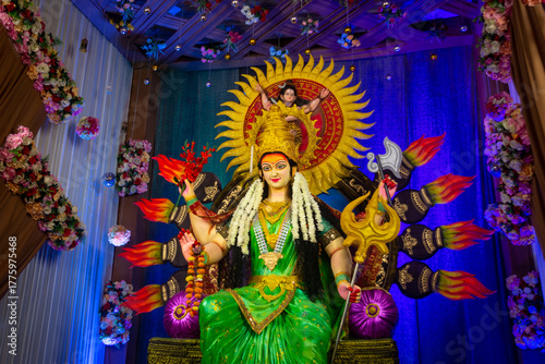 Goddess durga idol at decorated navratri festival pandal. Happy navratri and dussehra