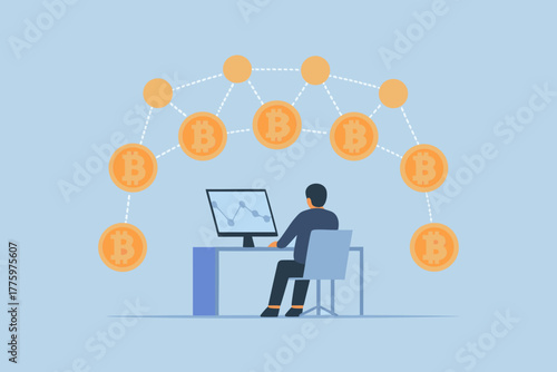 Man sitting at a desk analyzing bitcoin cryptocurrency trading charts on a computer screen