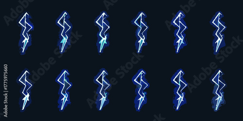 Collection of animated electric lightning bolt effects in blue and white against a dark background