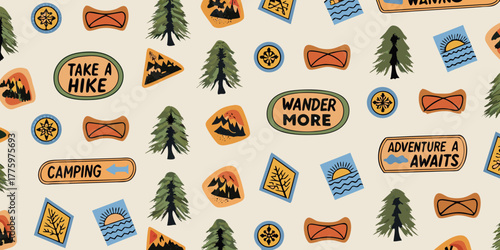 Whimsical outdoor adventure pattern with camping hiking and wanderlust motifs