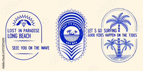 Retro blue beach and surf graphics with palm trees and ocean waves