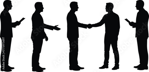 Silhouette of businessmen shaking hands, meeting and discussing project agreement, professional teamwork and corporate partnership communication in business environment