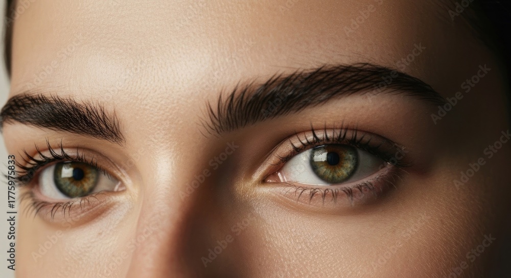 Fototapeta premium Close-up of female face with hazel eyes, groomed eyebrows, soft lighting