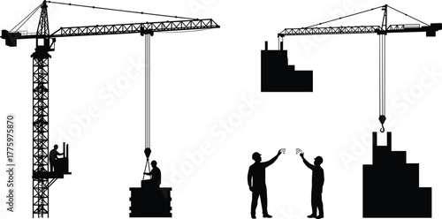 Silhouette of construction cranes lifting materials with workers guiding, building site operation, teamwork and industrial engineering concept illustration on white background