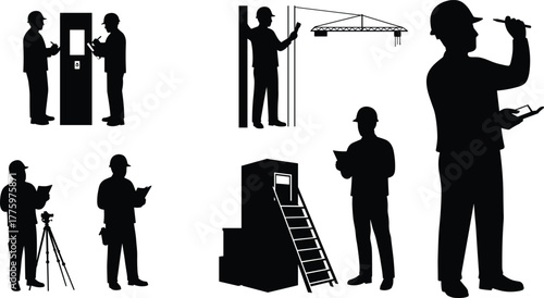 Silhouette of construction engineers inspecting building site with blueprints and tools, architecture and project management concept in industrial environment