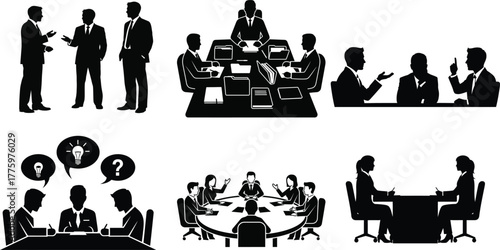 Silhouette business people in various meeting and discussion scenarios illustrating collaboration and teamwork