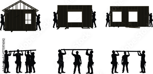 Silhouette of construction workers building house frame, lifting beams and installing wall panels, teamwork in residential construction project illustration