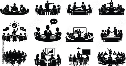 Diverse business meeting silhouettes showing collaboration teamwork and presentation scenarios