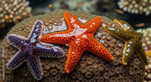 Fototapeta Naklejka Na Ścianę i Meble -  Colorful starfish on coral reef formation, underwater view
