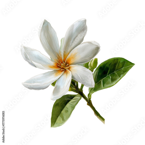 Tiare Flower - Watercolor tiare (Tahitian gardenia) flower, isolated on a white background, clear edges, botanical clipart style.