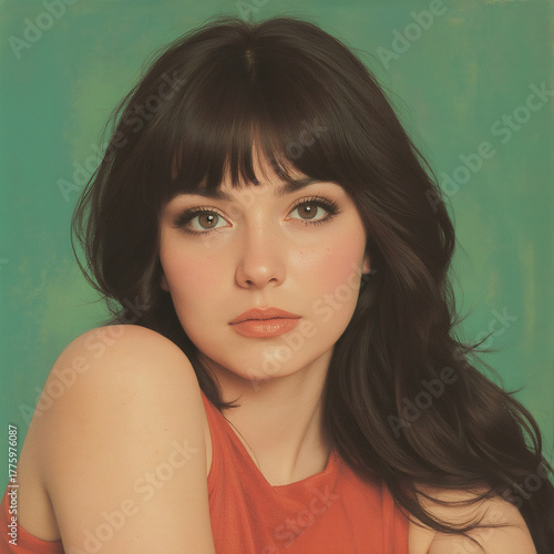 Striking portrait of a young woman with bangs against a vibrant green background