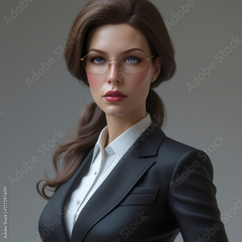 
Sophisticated professional woman with glasses and dark wavy hair in a black blazer