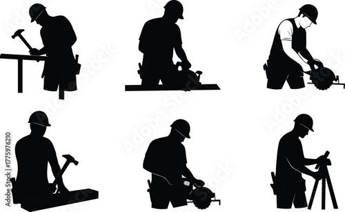 Silhouette of construction workers cutting wood, hammering nails, and using power saws, carpentry labor teamwork illustration on construction site