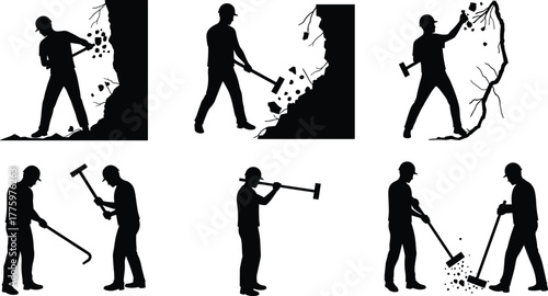 Silhouette of construction workers demolishing concrete walls with hammers and crowbars, concept of manual labor, demolition, renovation, and industrial work.