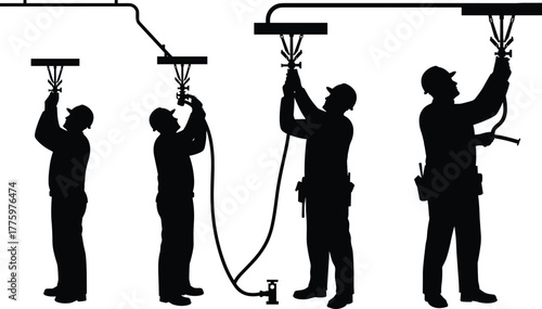 Silhouette of construction workers installing ceiling sprinkler system, plumbing maintenance and industrial safety concept, fire protection installation and engineering service background