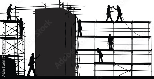 Silhouette of construction workers on scaffolding, teamwork building structure, safety and engineering site operation concept illustration on white background