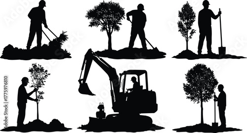 Silhouette of construction workers planting trees, using shovel and excavator at work site, teamwork landscaping and environment conservation concept illustration