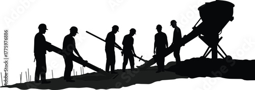 Silhouette of construction workers pouring and leveling concrete on a building site with machinery, teamwork, hard labor, and industry concept