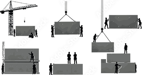 Silhouette of construction workers using crane to lift concrete blocks, teamwork building site operation and heavy equipment industry concept illustration