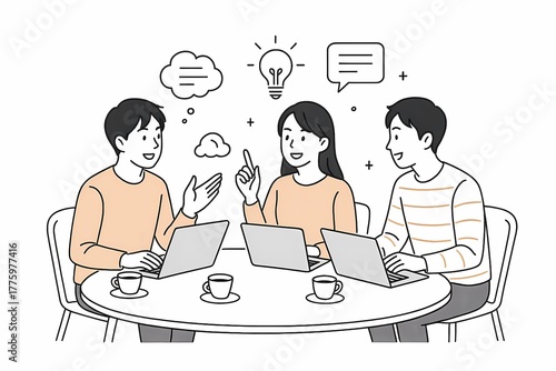 ノートパソコンを使ってブレインストーミングを行うアジア人ビジネスチームのイラスト
