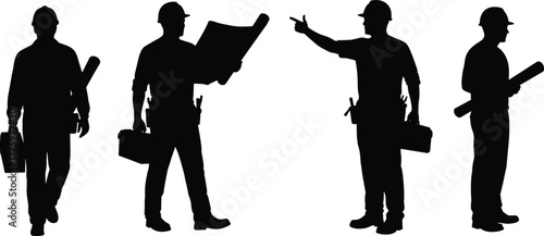 Silhouette of construction workers with blueprints and toolboxes, building site teamwork, engineering, project planning, construction industry, labor, and architectural work concept.
