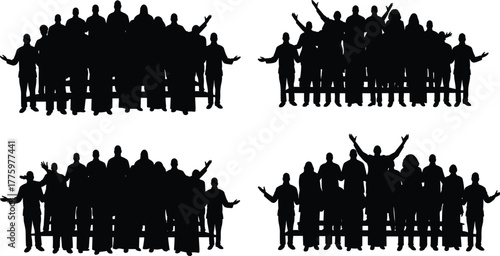 Silhouette of diverse group of people standing together cheering with raised hands, unity teamwork and celebration concept illustration