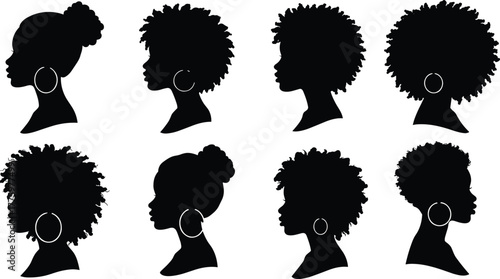 Silhouette of diverse women profiles with natural hairstyles and hoop earrings, beauty fashion illustration concept celebrating individuality and style