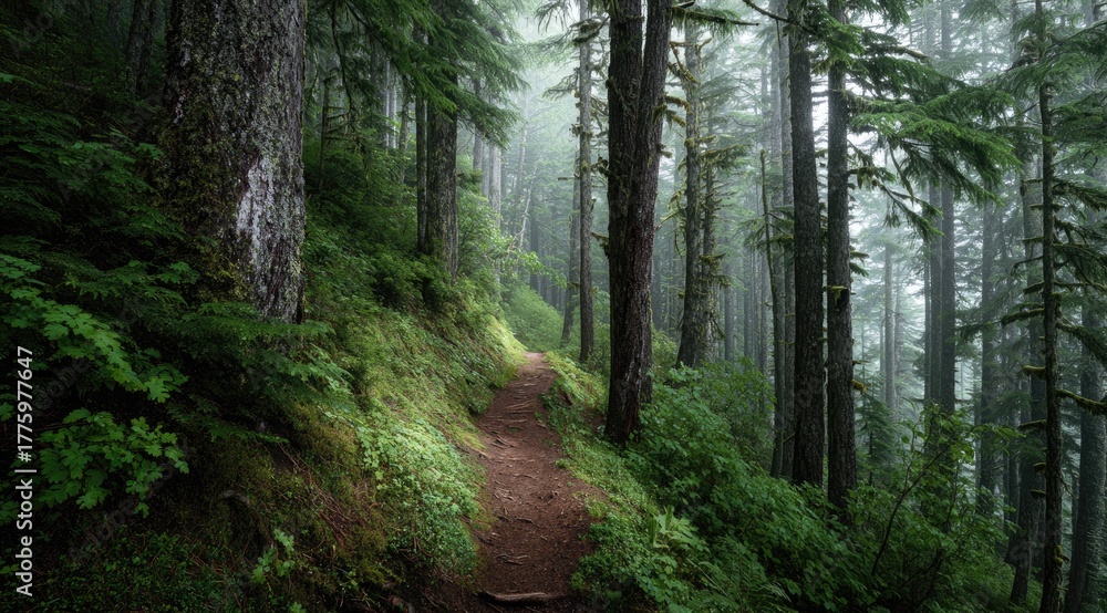 Obraz premium Misty forest trail winds through lush greenery (1)