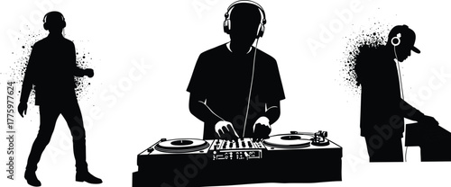 Silhouette of DJs performing music mixing on turntables and sound equipment, electronic dance party concept with headphones and creative artistic background