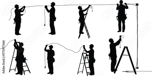 Silhouette of electrician installing electrical wiring and lighting fixtures using ladder and tools, construction worker at work, maintenance, repair, safety concept