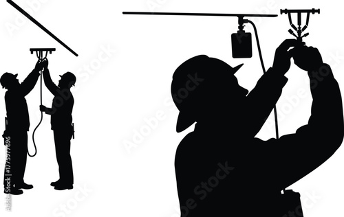 Silhouette of electricians installing ceiling wiring and electrical equipment, professional workers fixing light fixtures, maintenance service, construction, safety, technical repair job