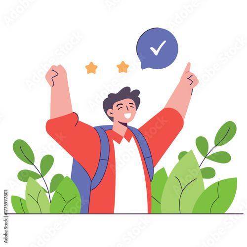 Cheerful person with uplifted arms, backpack, lush greenery, stars, and a speech bubble checkmark!!!