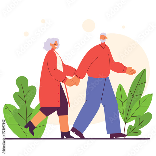 An elderly couple strolls hand in hand through a sunny garden, wearing bright coats, content. Happy