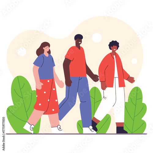 Three diverse friends walk along a sunny park path amid lush green bushes, under abstract backdrop!!
