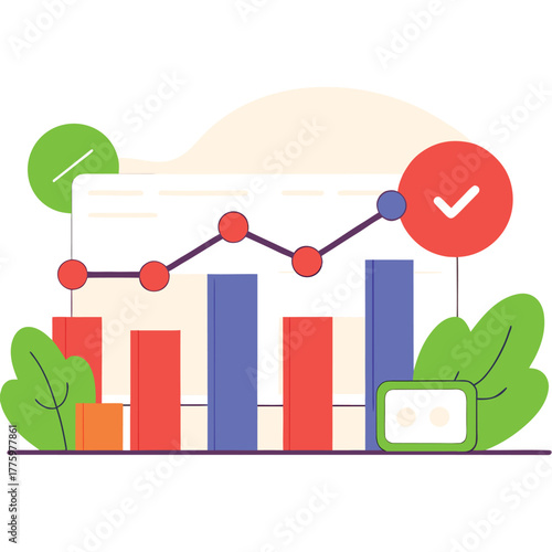 Vibrant data dashboard with red and blue bars, a jagged line, circular markers, and green foliage.!!