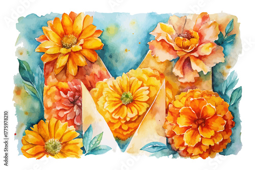 Botanical Alphabet M Watercolor Flower Letter vector illustration