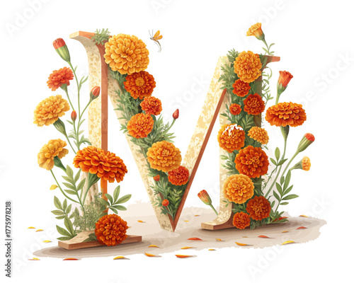 Watercolor Letter M with flower vector illustration isolated on white background