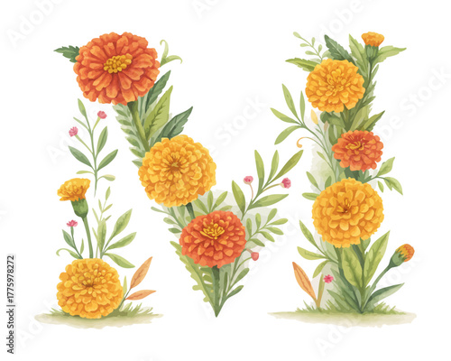 Botanical Alphabet M Watercolor Flower Letter vector illustration