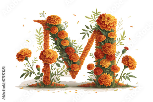 Watercolor Letter M with flower vector illustration isolated on white background