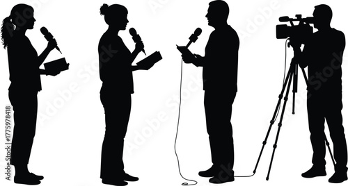 Silhouette of journalists with microphones interviewing people and cameraman recording news report, press media coverage and television broadcasting concept illustration