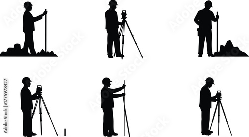 Silhouette of land surveyors using tripod and measuring equipment, civil engineering professionals working at construction site, surveying and mapping concept illustration