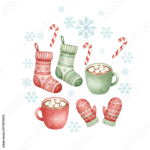 Cozy Christmas Composition with Stockings, Cocoa, and Snowflakes PNG